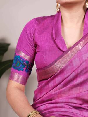 Pink viscose chanderi printed & zari weaving work saree 5
