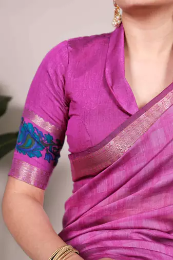 Pink viscose chanderi printed & zari weaving work saree