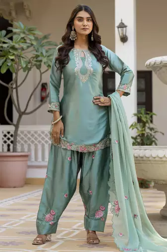 Turquoise blue embroidered japan satin stitched kurti set with dupatta & patiyala pant