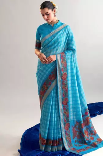 Sea blue viscose chanderi printed & zari weaving work saree