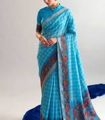 Sea blue viscose chanderi printed & zari weaving work saree