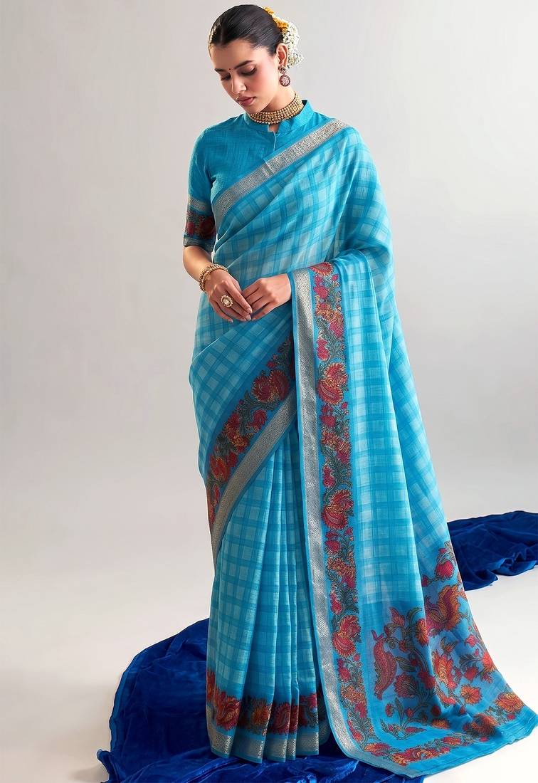 Sea blue viscose chanderi printed & zari weaving work saree