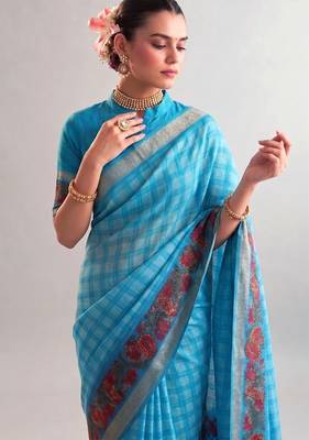 Sea blue viscose chanderi printed & zari weaving work saree 2