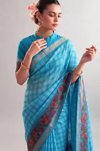 Sea blue viscose chanderi printed & zari weaving work saree