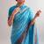 Sea blue viscose chanderi printed & zari weaving work saree