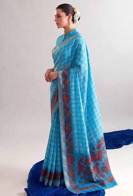 Sea blue viscose chanderi printed & zari weaving work saree 3