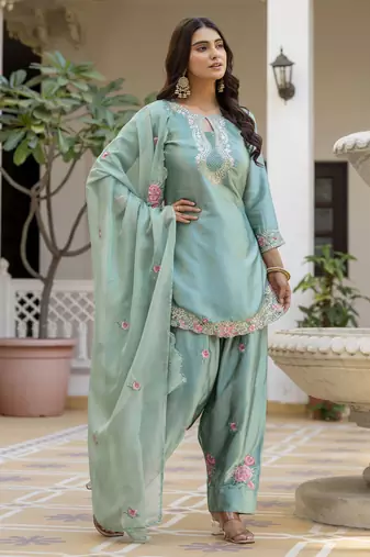 Turquoise blue embroidered japan satin stitched kurti set with dupatta & patiyala pant