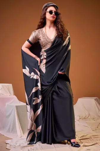 Black satin silk floral printed smoothness saree
