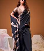 Black satin silk floral printed smoothness saree