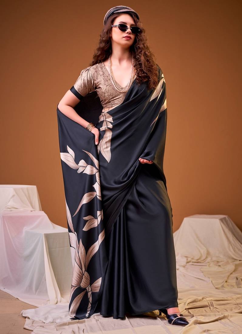 Black satin silk floral printed smoothness saree