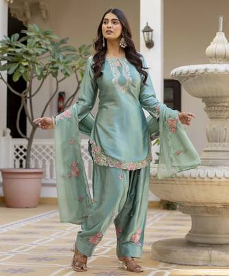 Turquoise blue embroidered japan satin stitched kurti set with dupatta & patiyala pant 4