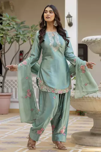 Turquoise blue embroidered japan satin stitched kurti set with dupatta & patiyala pant