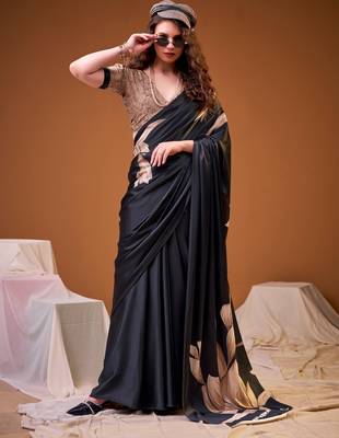 Black satin silk floral printed smoothness saree 2