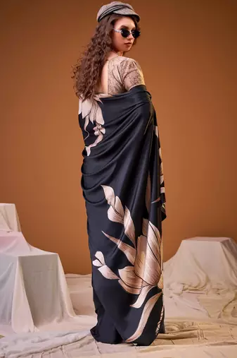 Black satin silk floral printed smoothness saree