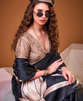 Black satin silk floral printed smoothness saree 4