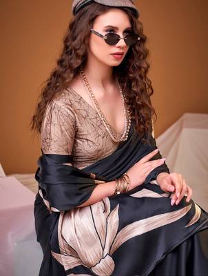 Black satin silk floral printed smoothness saree 5
