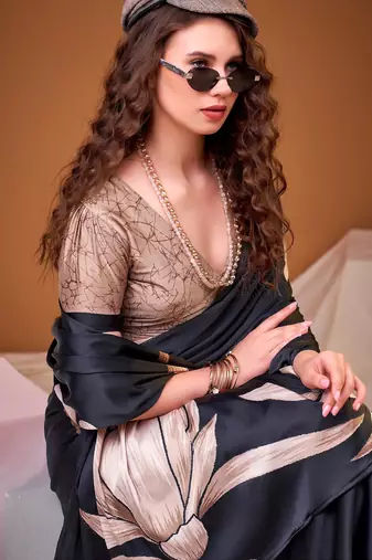 Black satin silk floral printed smoothness saree