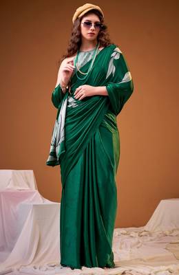 Green satin silk floral printed smoothness saree 1