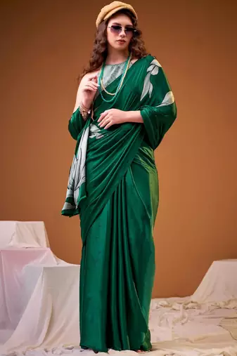 Green satin silk floral printed smoothness saree