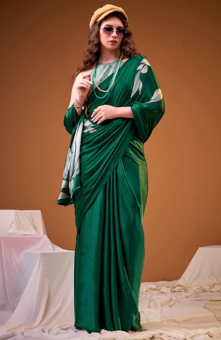 Green satin silk floral printed smoothness saree