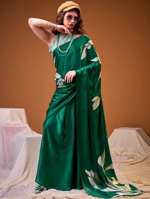 Green satin silk floral printed smoothness saree 2