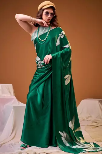 Green satin silk floral printed smoothness saree