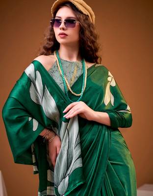 Green satin silk floral printed smoothness saree 3