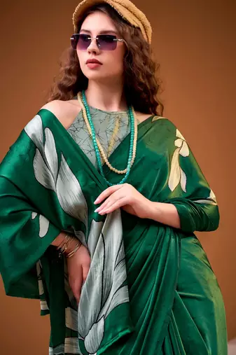 Green satin silk floral printed smoothness saree