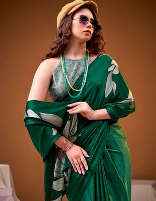 Green satin silk floral printed smoothness saree 4