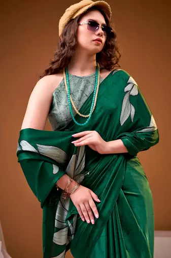 Green satin silk floral printed smoothness saree