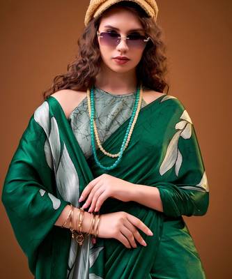 Green satin silk floral printed smoothness saree 5