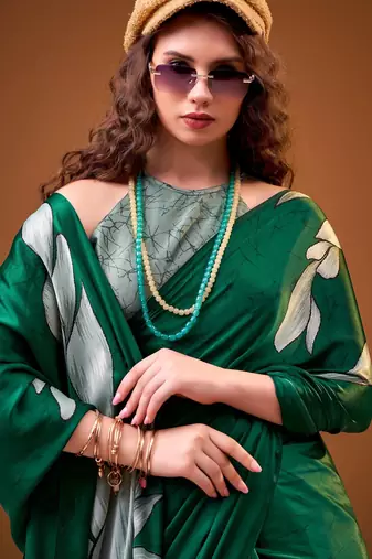 Green satin silk floral printed smoothness saree