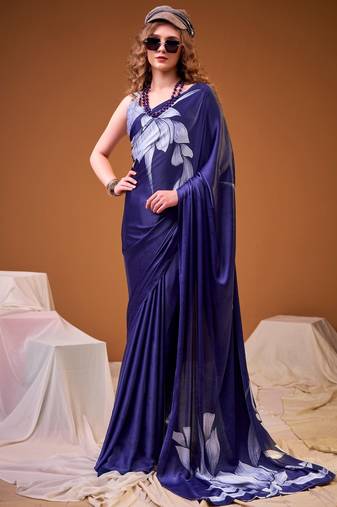 Navy blue satin silk floral printed smoothness saree