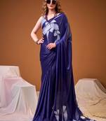 Navy blue satin silk floral printed smoothness saree