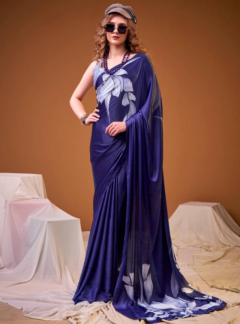 Navy blue satin silk floral printed smoothness saree