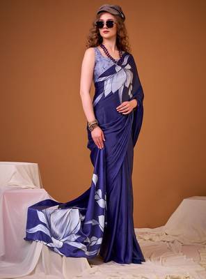 Navy blue satin silk floral printed smoothness saree 2