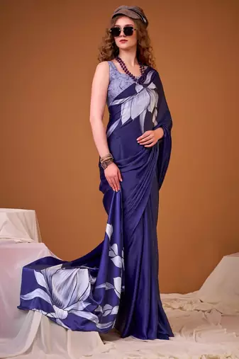 Navy blue satin silk floral printed smoothness saree