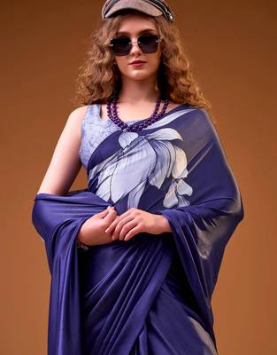 Navy blue satin silk floral printed smoothness saree 3