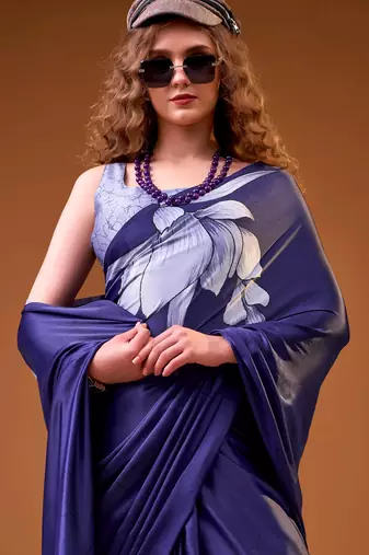 Navy blue satin silk floral printed smoothness saree