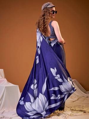 Navy blue satin silk floral printed smoothness saree 4