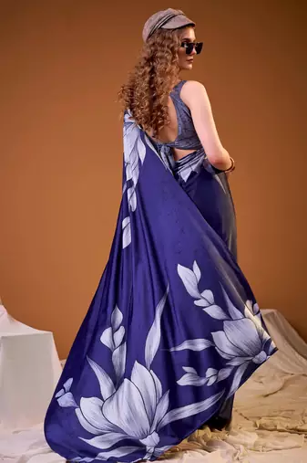 Navy blue satin silk floral printed smoothness saree