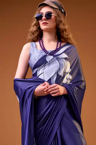 Navy blue satin silk floral printed smoothness saree