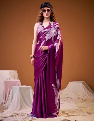 Pink satin silk floral printed smoothness saree 1