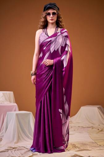 Pink satin silk floral printed smoothness saree
