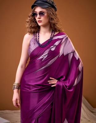 Pink satin silk floral printed smoothness saree 2