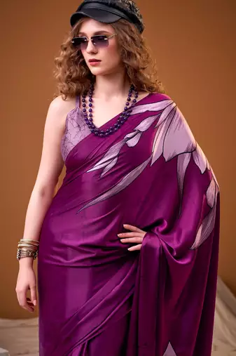 Pink satin silk floral printed smoothness saree
