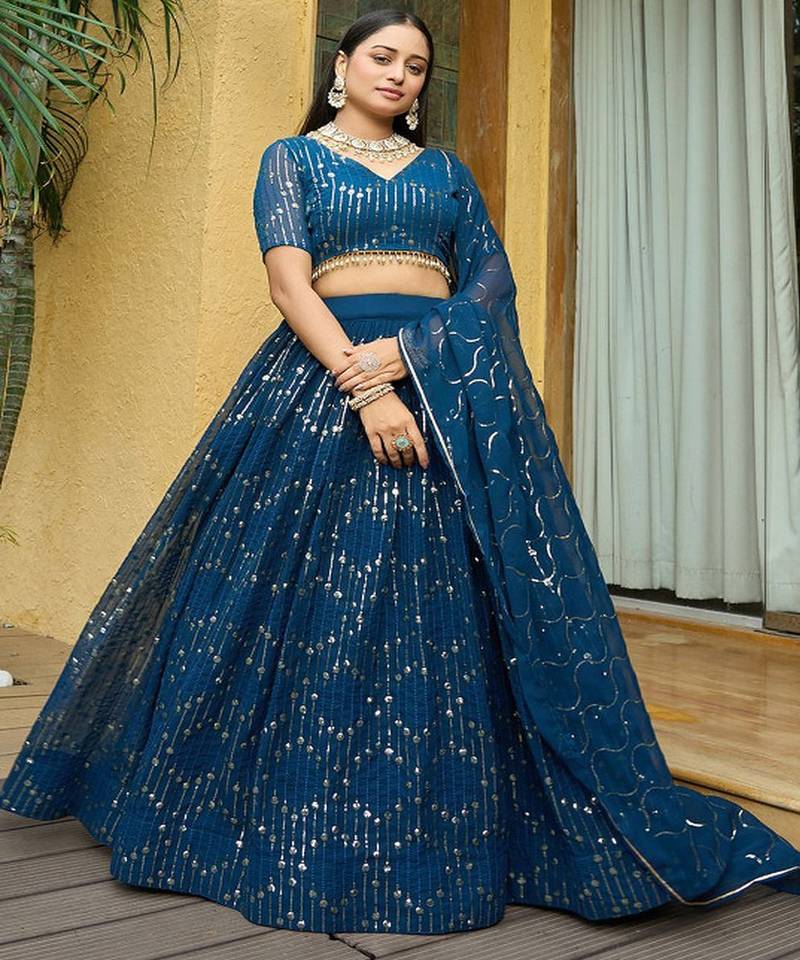 Embroidered Sequinned Semi Stitched Lehenga & Unstitched Blouse With Dupatta