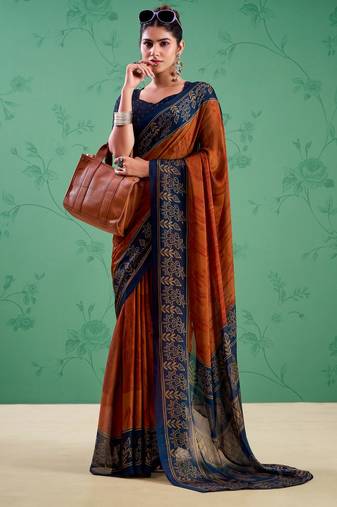 Rust orange classic rangoli silk printed saree