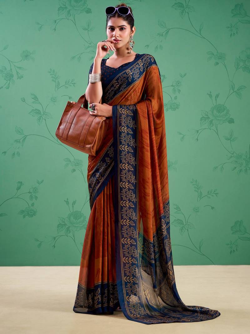 Rust orange classic rangoli silk printed saree