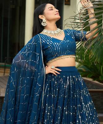 Embroidered Sequinned Semi Stitched Lehenga & Unstitched Blouse With Dupatta 2